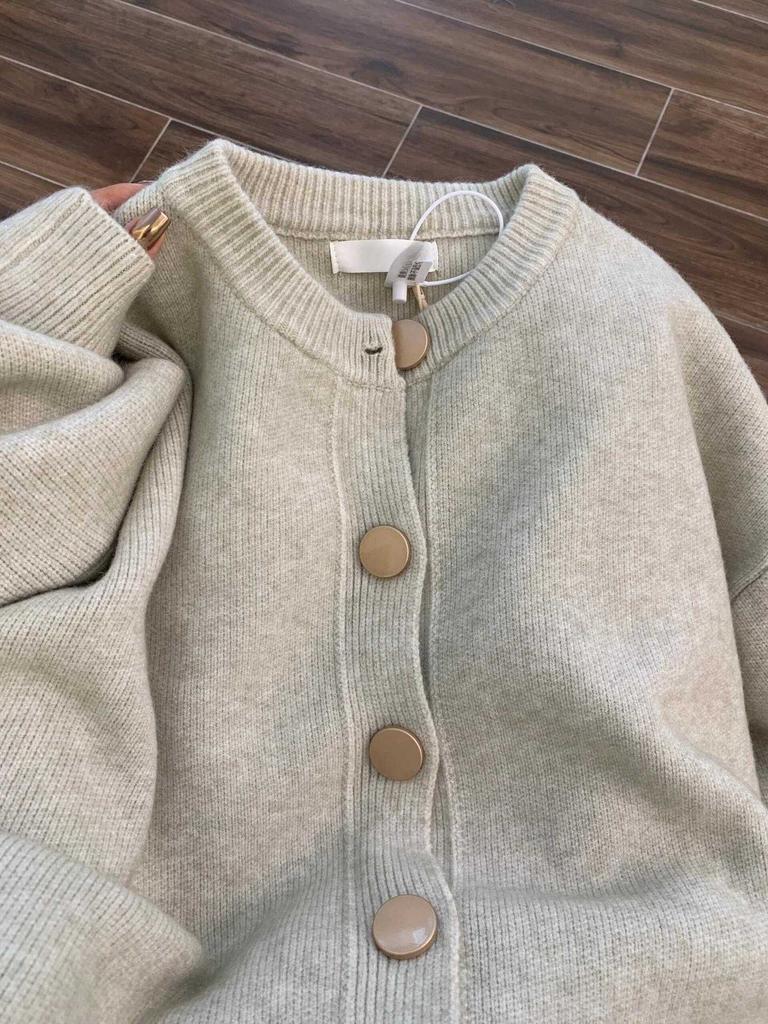 Small gold buckle soft waxy knitted sweater cardigan women's spring loose age-reducing top solid color simple versatile coat