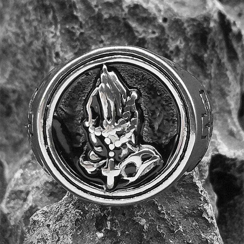 Fashion Simple Praying Hands Jesus Stainless Steel Cross Ring for Women Men Silver Color Hip Hop Ring Jewelry Gift R607