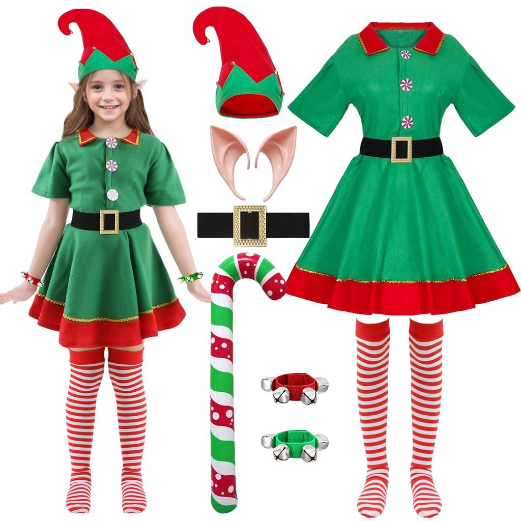 Santa Claus Kids Christmas Santa Kids Santa Spirit Cute Green Santa Halloween Sizes Set Elf Christmas Polka Dot 1 Red Hand 1 Green Hand [Tumao]