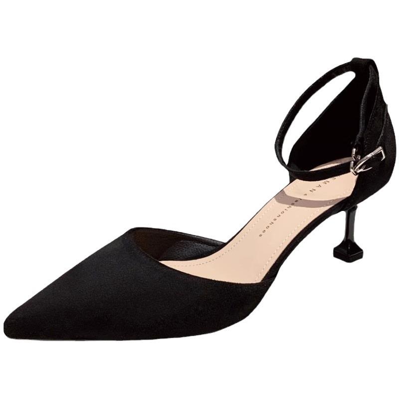 High Heels Women's Stiletto 2024 New Summer Black Professional One-word Buckle Sandals Women's Pointed Work Shoes