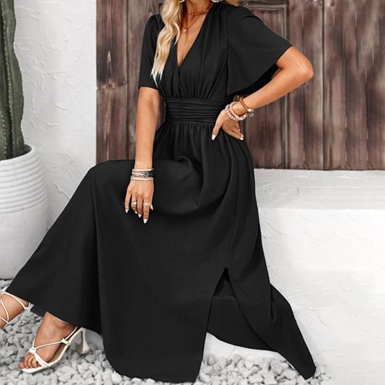 Women's Summer Dress, V Neck Short Sleeve Long Dress, Flowy A-line Slit Beach Sundress, Formal Cocktail Wedding Guest Dress