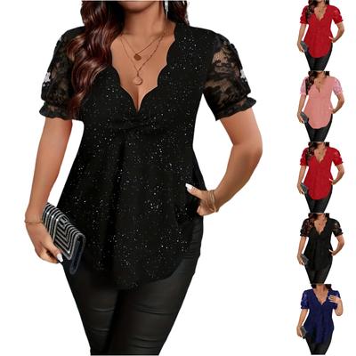 Top Casual de Moda para Mujer con Ribete de Encaje, Cuello en V, Tallas Grandes, Manga Corta