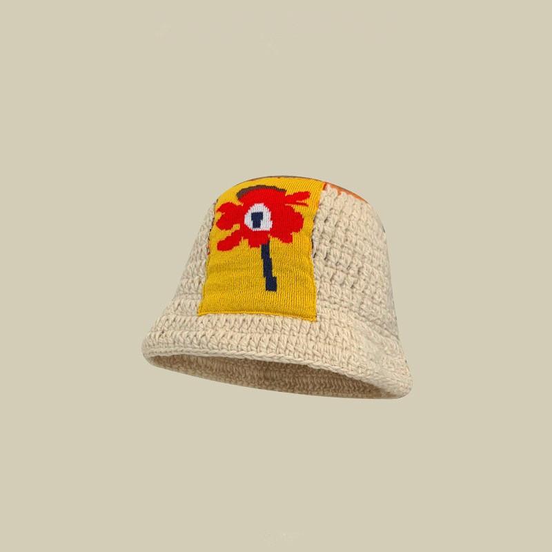 

Japanese Retro Floral Knit Beanie With Wide Brim For Winter Casual Women Style R