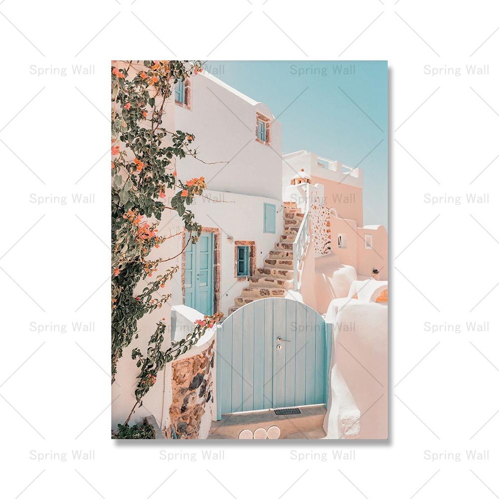 Greece Santorini Poster Print Boho Blush Mediterranean Flowers Canvas Painting Minimalist Modern Wall Art Living Room Home Decor