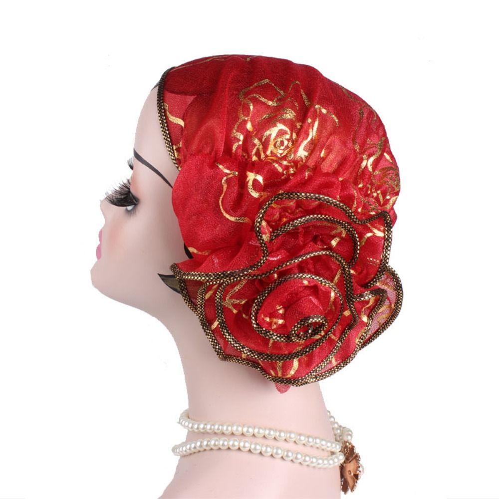 Bronzing Flower Women's Hat Elastic Casual Hair Bonnets African Turban Caps  Four Seasons
