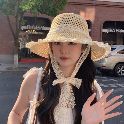 Summer New Lace Hollow Breathable Sunscreen Hat Sun Hat Travel Seaside Beach Photo Straw Hat Woman