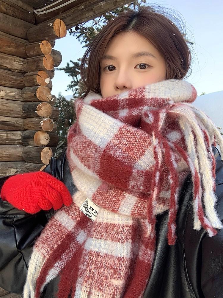 2025 Winter Red Plaid Scarf: Unisex Korean Style Blue & Black Neck Warmer
