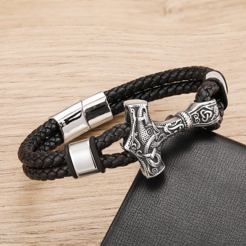 Braided Viking Jewelry Leather Cord Bracelet with Magnetic Clasp Stainless Steel Handmade