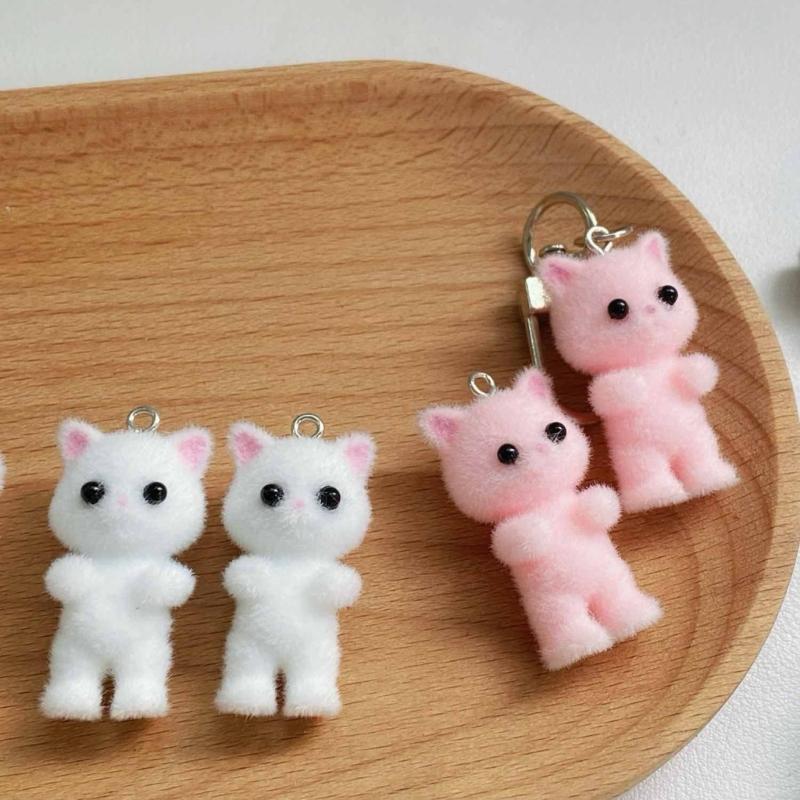 Flocking Cat Pendant Keychain Bows Shaped Key Chain Bowknot Keyring Jewelry Camera Bag Decorations Handmade Gift