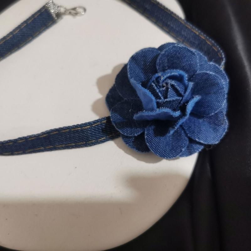 Big Flower Chokers Necklace Vintage Flower Necklace Neck Chain Blue Wide Denim Neckband Statement Jewelry for Womens
