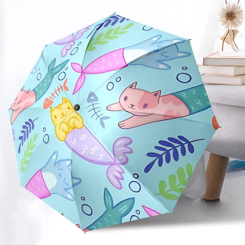 1pc Mermaid Cats Automatic Folding Umbrella - 8-Rib Automatic Open/Close, Portable Collapsible Compact Umbrella yy251218065