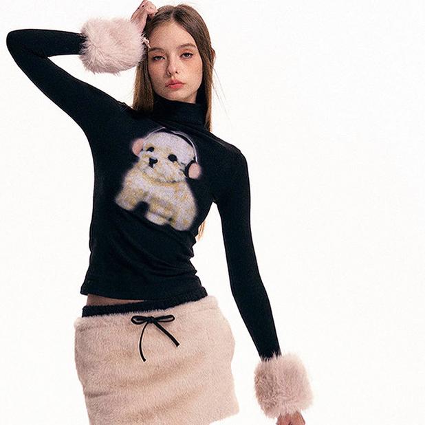 Spring and Autumn Women's Fashion Dog Print Plush Cuffs Long Sleeved T-shirt