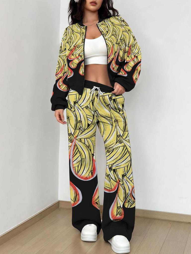 Purple Smudge 1116 Popular Autumn and Winter New European and American Women's Clothing Floral Printing Set