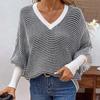 Womens Striped V-Neck Batwing Sleeve Loose Knit Sweater Winter Casual Pullover Top