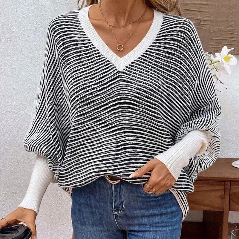 Womens Striped V-Neck Batwing Sleeve Loose Knit Sweater Winter Casual Pullover Top