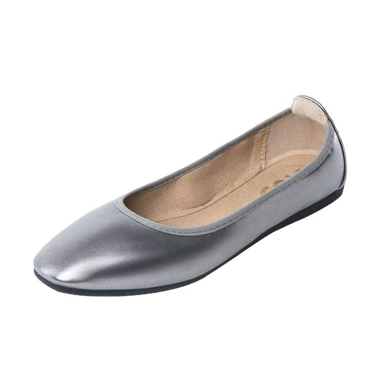 Shoes silver comfortable long standing not tired feet leather shoes flat shoes soft sole worker shoes round head single shoes flight attendant