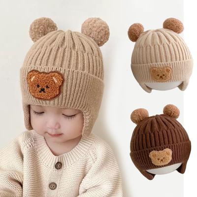 Korean Knitted Baby Cap With Earflaps Cute Bear Pompom Kids Hat Beanie Warm Autumn Winter Boys Girls Ear Protection Bonnet Caps