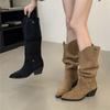 Eilyken Winter Designer Pointed Toe Women Knee High Boots Fashion Square Heels Buckle Fold Short Shoes Botas