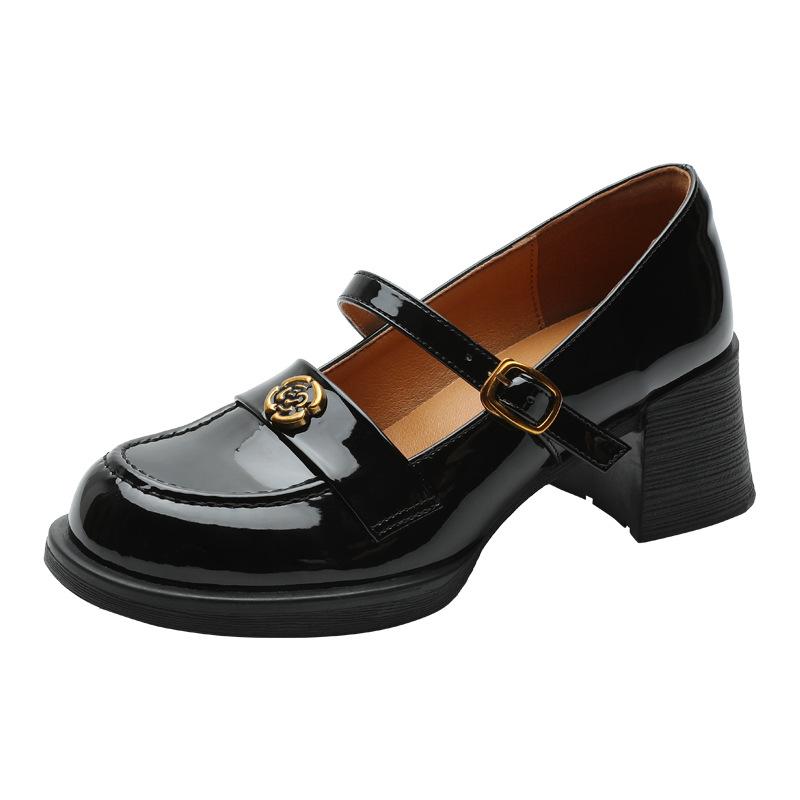 Camellia Retro Thick Heel Mary Jane Women's 2025 Spring and Summer New Light Mouth High Heel One Word with Small Leather Shoes Single Shoes