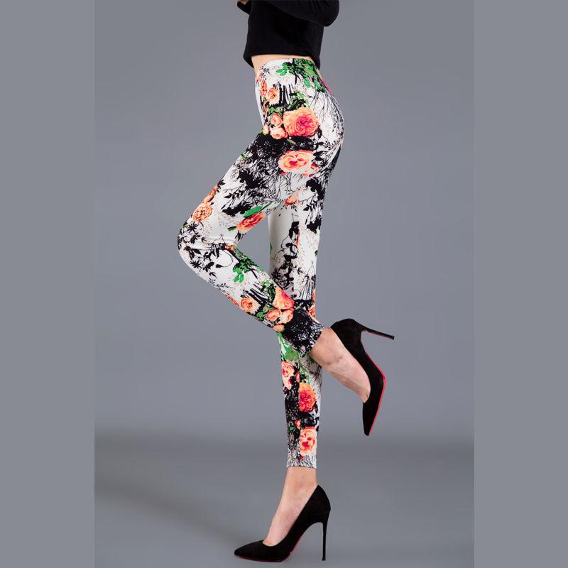 2023 Trendy Floral Print Slim Fit Milk Silk Leggings for Women - Plus Size, Elastic, Outerwear