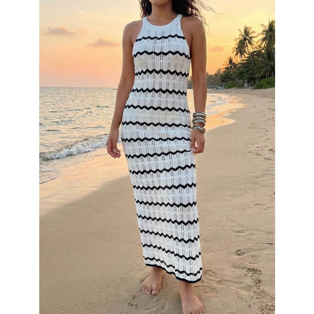 

Sexy and Hot Sleeveless Top Dress with Open Stripes, Beach Cover-up, Full-skirted Dress for Women S