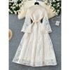 French Style Elegant Heavy Industry Crochet Embroidery Waist Hugging Stand Collar Single-Breasted Wooden Ear Patchwork Bell Sleeve Long Dress