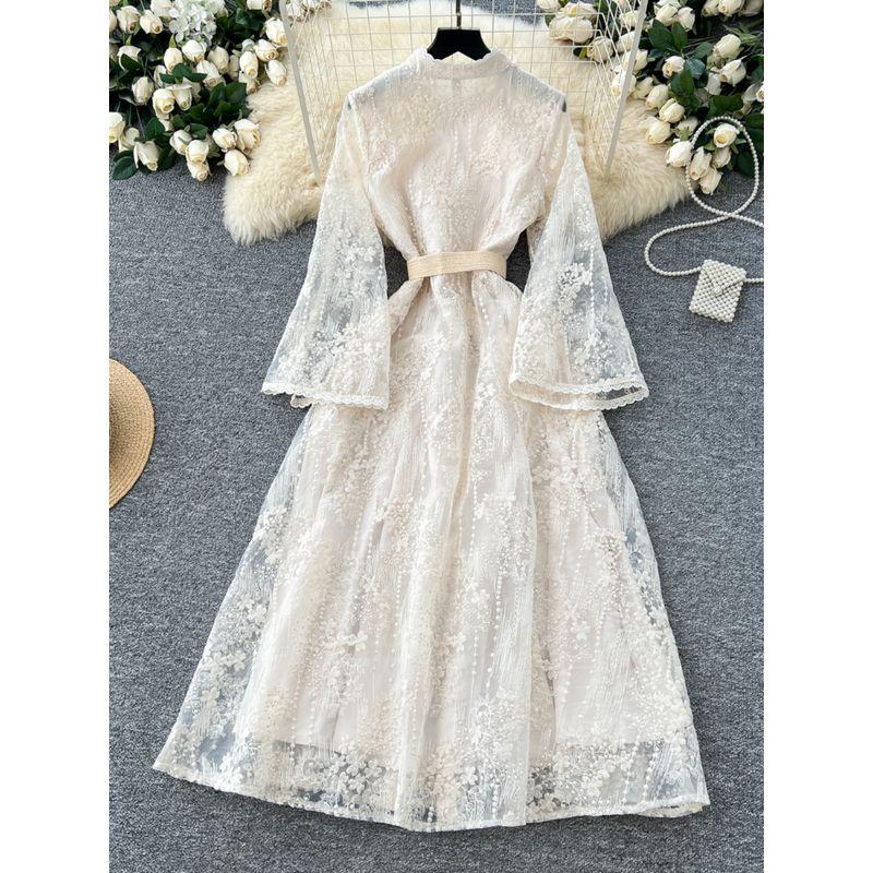 French style Elegant Heavy Industry Crochet Embroidery Waist Hugging Stand Collar Single-Breasted Wooden Ear Patchwork Bell Sleeve Long Dress