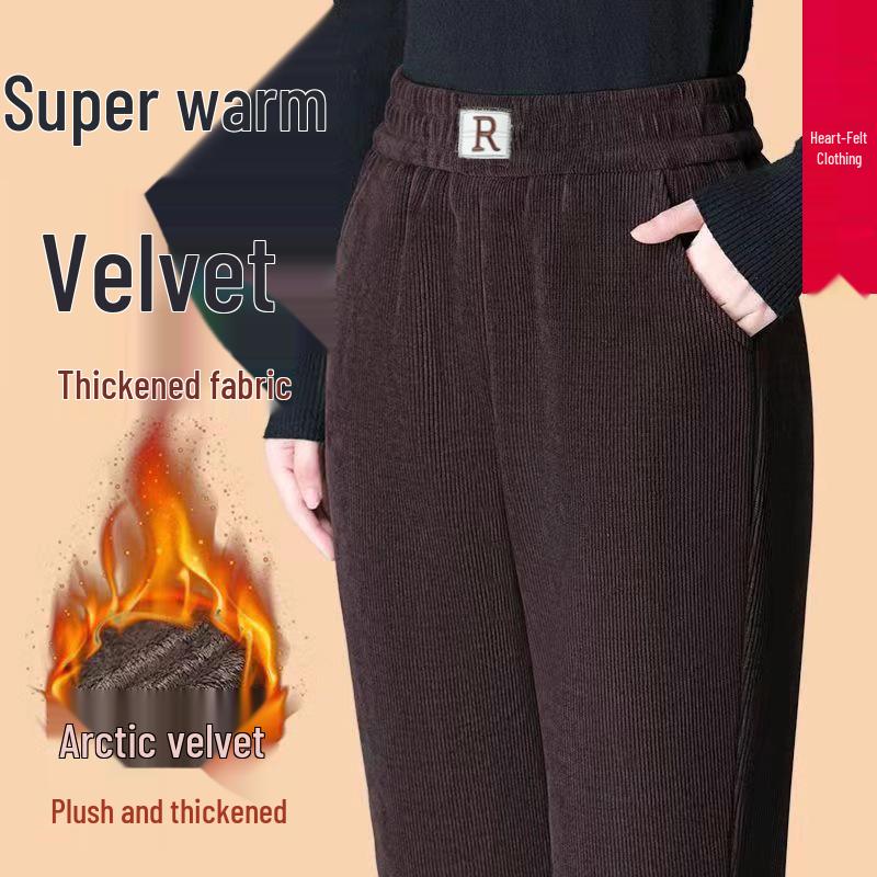 High Waist Thickened Velvet Chenille Corduroy Pants for Middle-aged Women - Warm, Elastic, Casual Fit