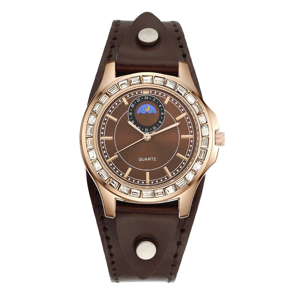 Versatile Cowhide Quartz Wristwatch with Rhinestones – Sun, Moon  Stars Design
