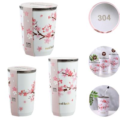 Tazza in Acciaio Inossidabile 304 Fiori di Ciliegio Tazza Portatile da Esterno Bottiglia Tazza per Tè al Latte Caffè Bottiglia d'Acqua Antigoccia Tazza d'Acqua Fiori di Ciliegio