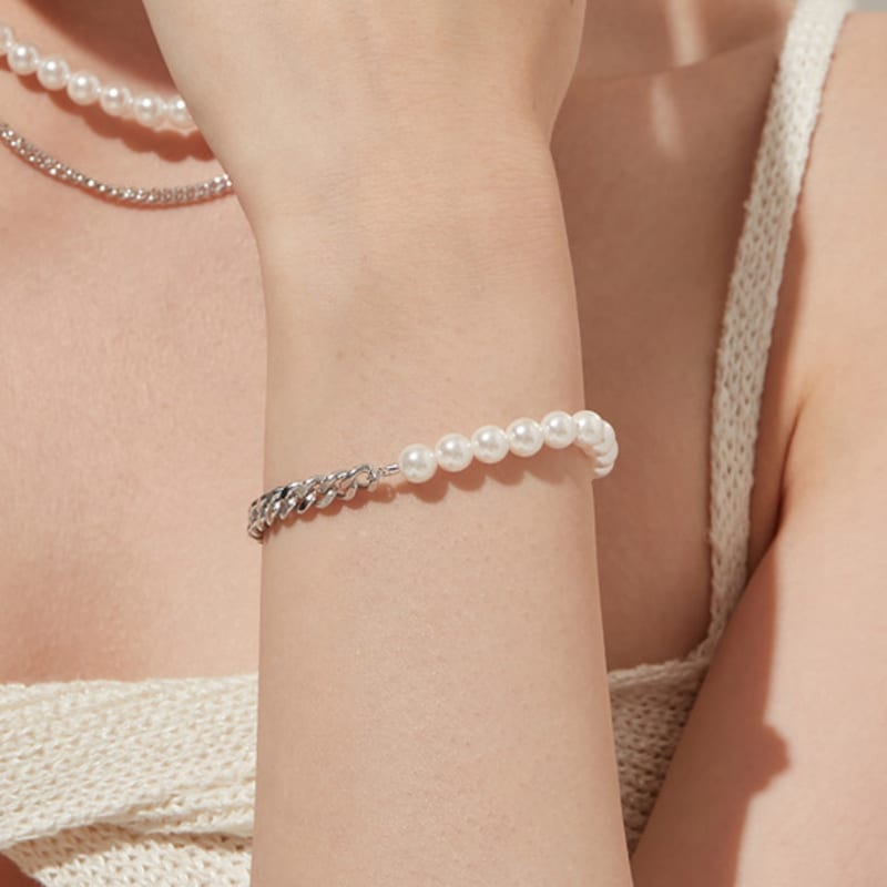Tirr Lirr Tizen Maximize Shell Pearl 6mm Chain Silver White Bracelet TBSSVW14027M