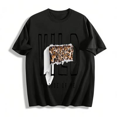 Wild Leopard Print Ripped Design Casual Graphic Top Pure Cotton T-shirt