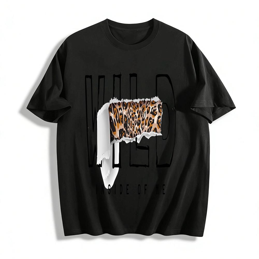 Wild Leopard Print Ripped Design Casual Graphic Top Pure cotton T-shirt XXS