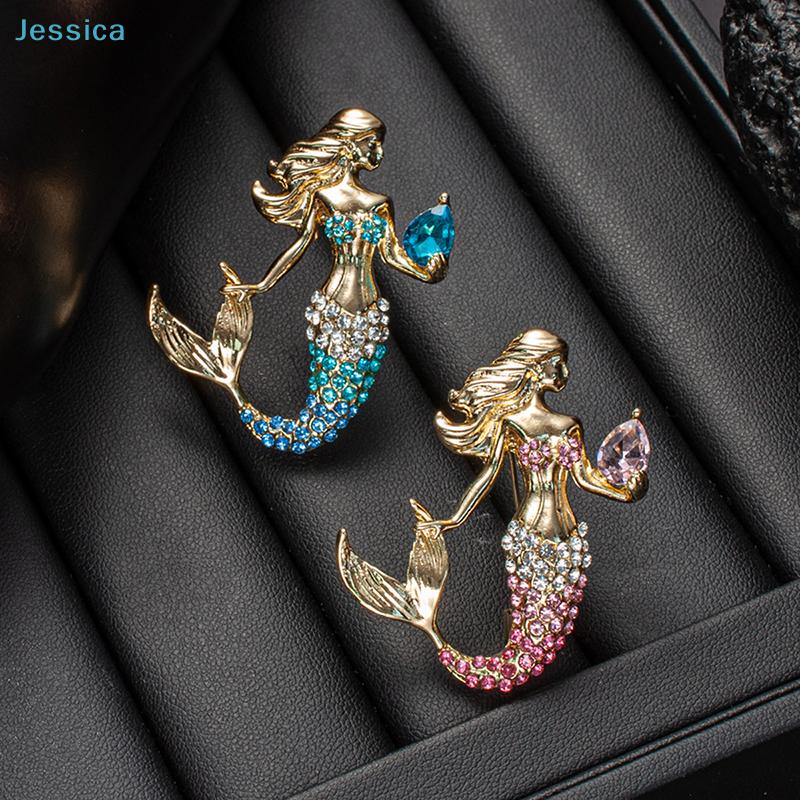 Strass Meerjungfrau Brosche - Vergoldeter Kristall Pin Für Damen Mode Schmuck
