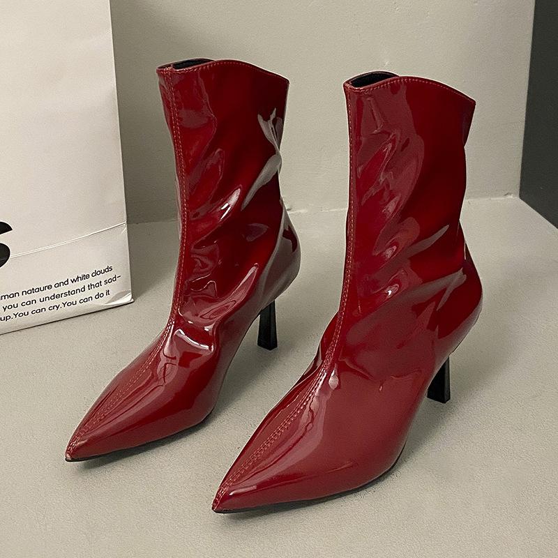 High-heeled short boots in the autumn and winter of 2025, new European and American versatile pointed patent leather thin boots, thin-heeled red sh