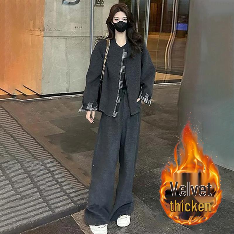 

Женские брюки с флисовой подкладкой, с высокой посадкой и широкими штанинами, комплект из двух предметов - Мода осень/зима 2025. 2XL [Recommended for 125-140 lbs]