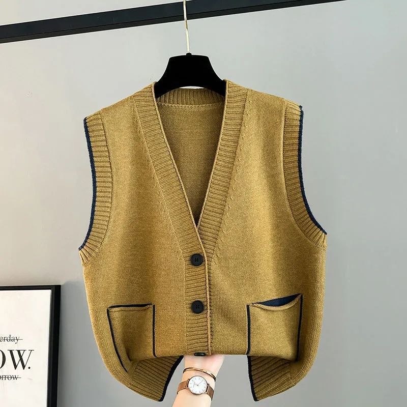 Popularna Koreańska Moda Damskie Swetry Kamizelka Wiosna Jesień Jednolity Dekolt w Serek Kieszeń Guziki Patchwork Luźny Bez Rękawów Kardigan Dzianinowy