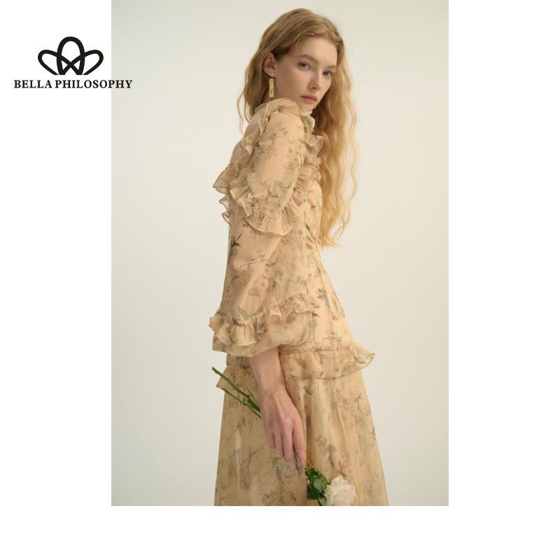 French Style Retro Elegant Floral Dress Fairy Long Dress Chiffon Dress Long Sleeve Seaside Holiday Long Sleeve Irregular Hem Dress