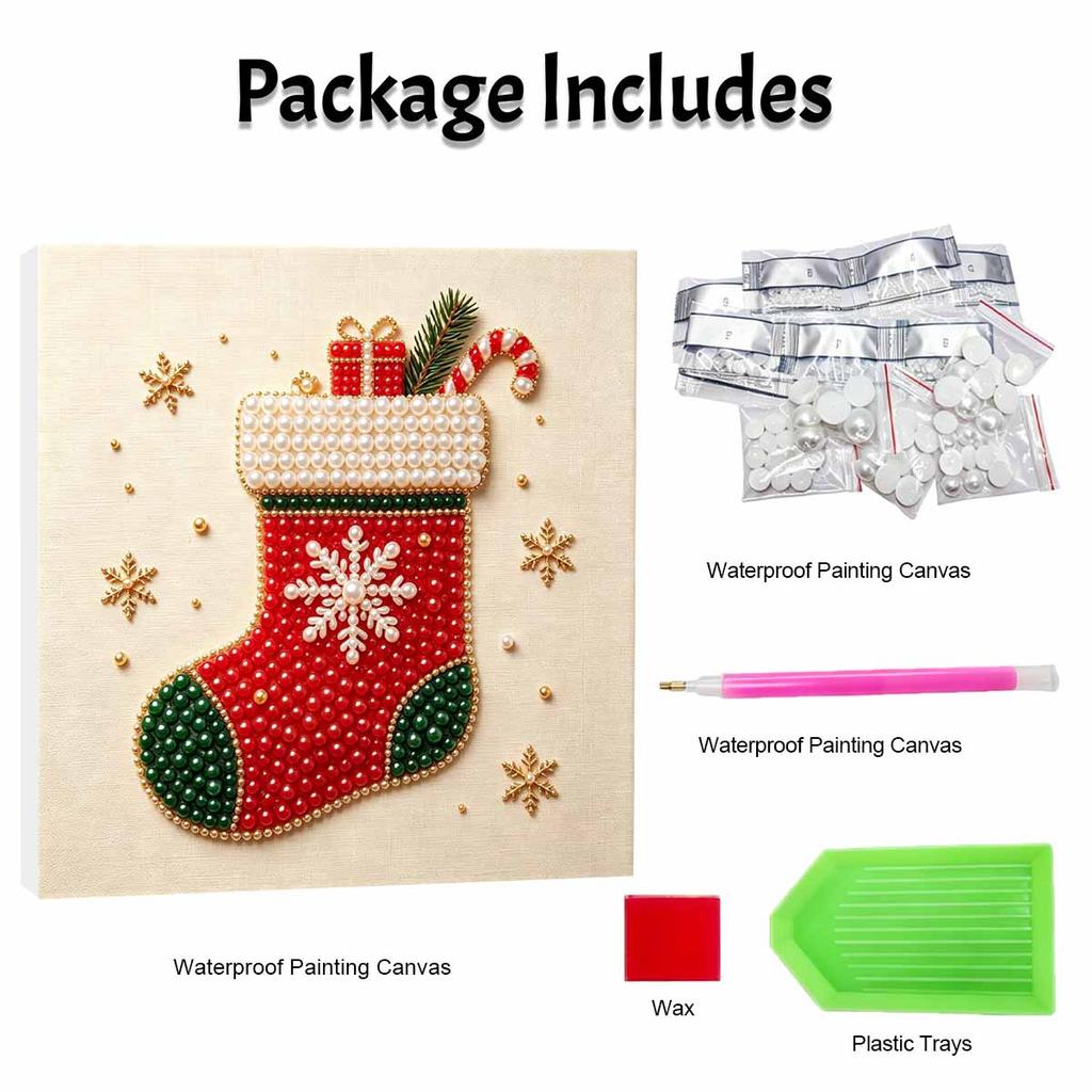 Framed Pearl Bead Art Set with Christmas Stocking Pattern DIY Sparkling Canvas Painting Relaxing Hobby Gift for Meditation Room Decoration
