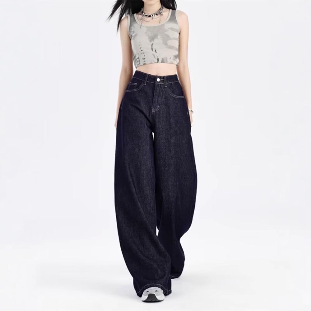 Women's American-Style Dark Blue Summer Jeans - Light, Straight-Leg, Loose Wide-Leg Pants