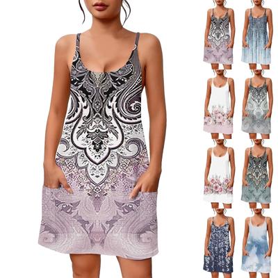 Vestido feminino casual de verão com estampa de gola quadrada, vestido suspensório com bolsos