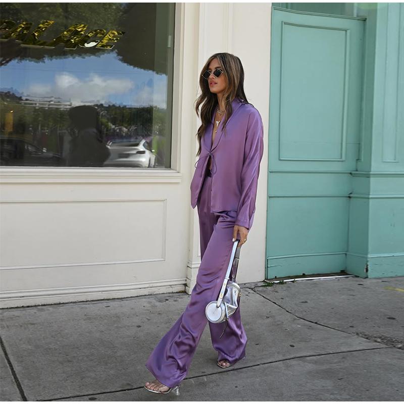 Casual Long Sleeved Commuting Suit Elegant Women V Neck Lace Up Top Pants Outfit 2025 Spring Summer High Street Satin Two Piece Set