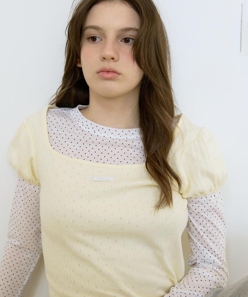 LETTER FROM MOON Square Neck Puff Short Sleeve Tee (Cream Yellow)