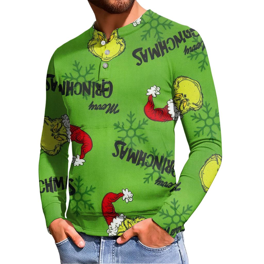 Pánská ležérní mikina na knoflíky, módní potištěná košile s dlouhým rukávem, pulovr