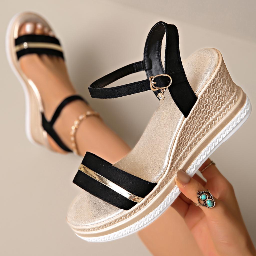 Fashion 2025 Summer Buckle Metal Bars Wedge Sandals for Women Open Toes Roman Sandalias Platform Suede Shoes Woman Slides