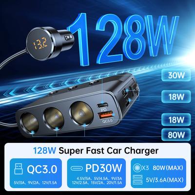 128W Car USB Charger Adapter 7-in-1 3 Socket Cigarette Lighter Splitter With ON-OFF Switch QC 3.0 +PD Fast Type-c Car Charging