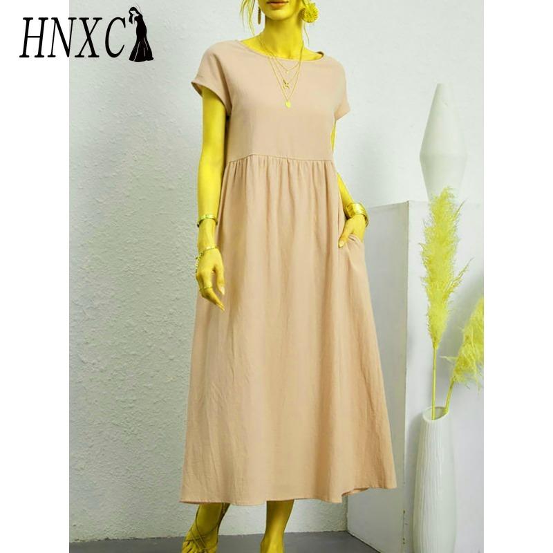 HNXC Kvinnemote Sommer Våren Ensfarget Print Kortermet O-hals Uformelle kjoler