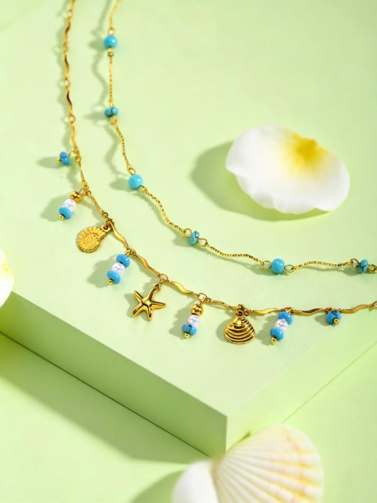 Bohemian Turquoise Necklace for Women,Conch Starfish Shell Pendant Necklaces,Stainless Steel Wave Chain Clavicle Jewelry Gifts
