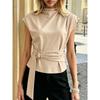 High Neck Sleeveless Metal Buckle Belt Waist Cinching Slim Fit Commuter Blouse