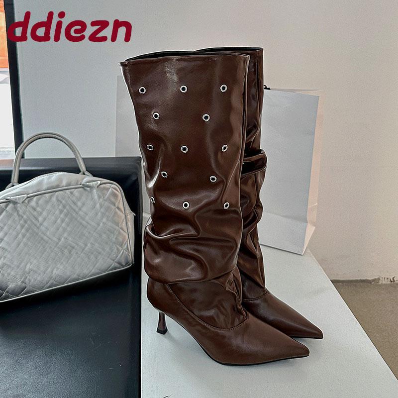 Fashion Modern Women Knee High Boots With Heels Shoes Fashion Pointed Toe Party Ladies Long Boots Slip On Shoes Female Pumps